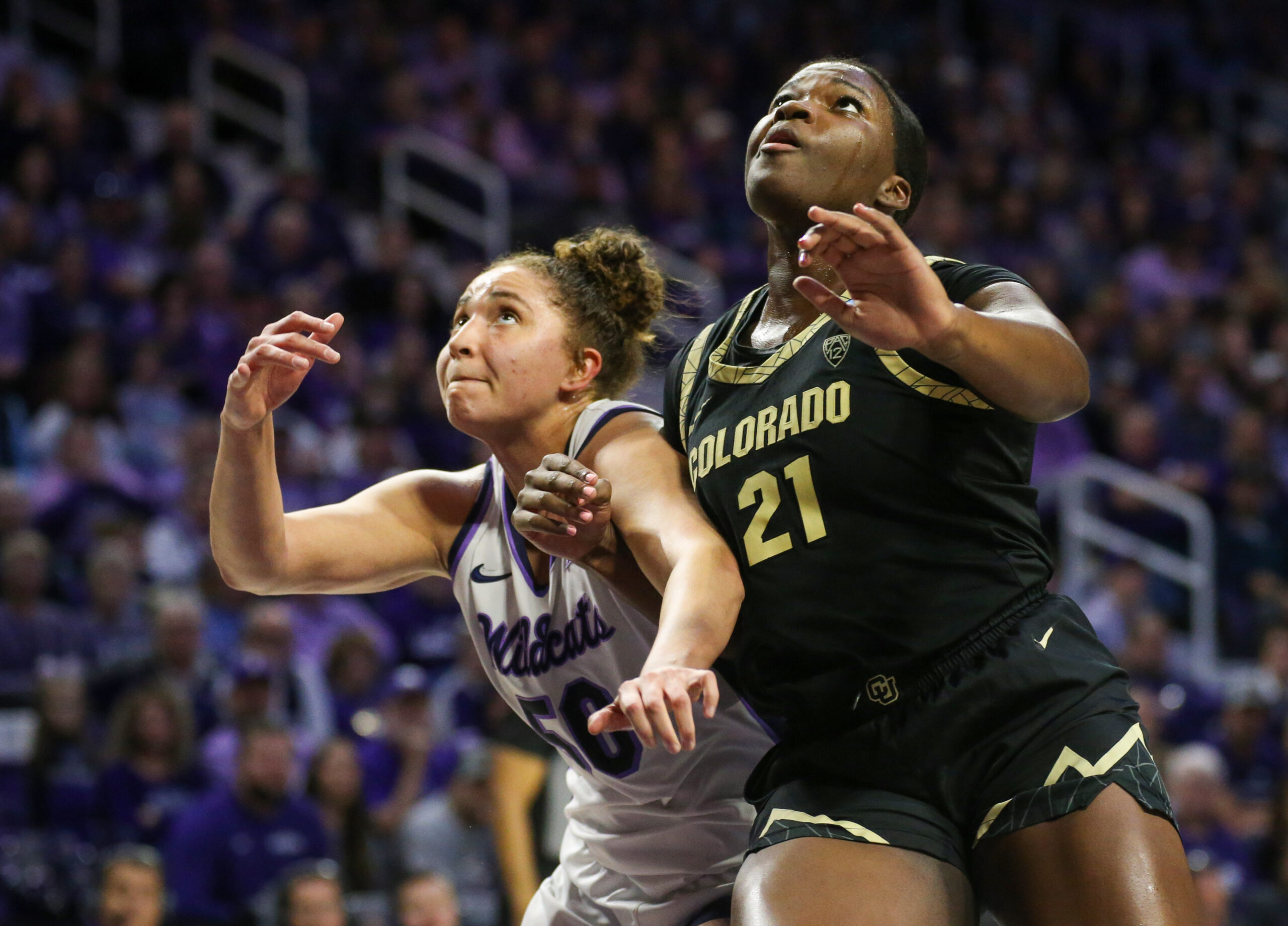 Colorado Buffaloes center Aaronette Vonleh blocks out Kansas State Wildcats center Ayoka Lee (50) during the Sweet 16 at Bramlage Coliseum.