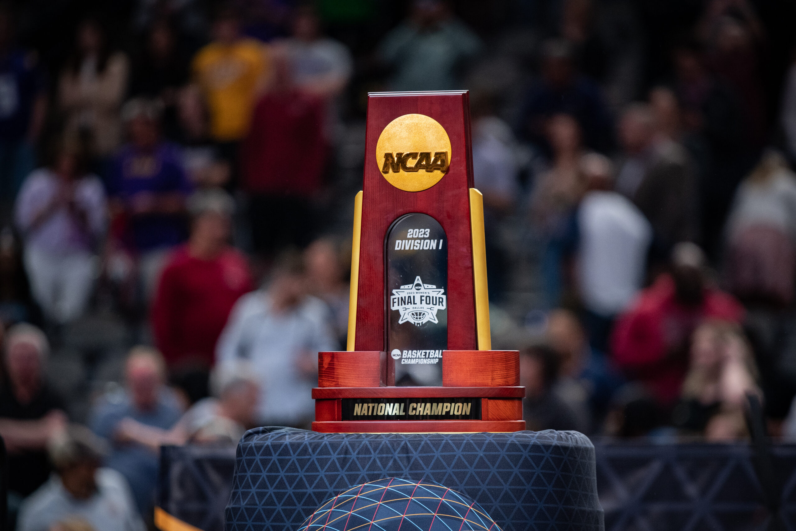 The NCAA Tournament championship trophy at the 2023 title game