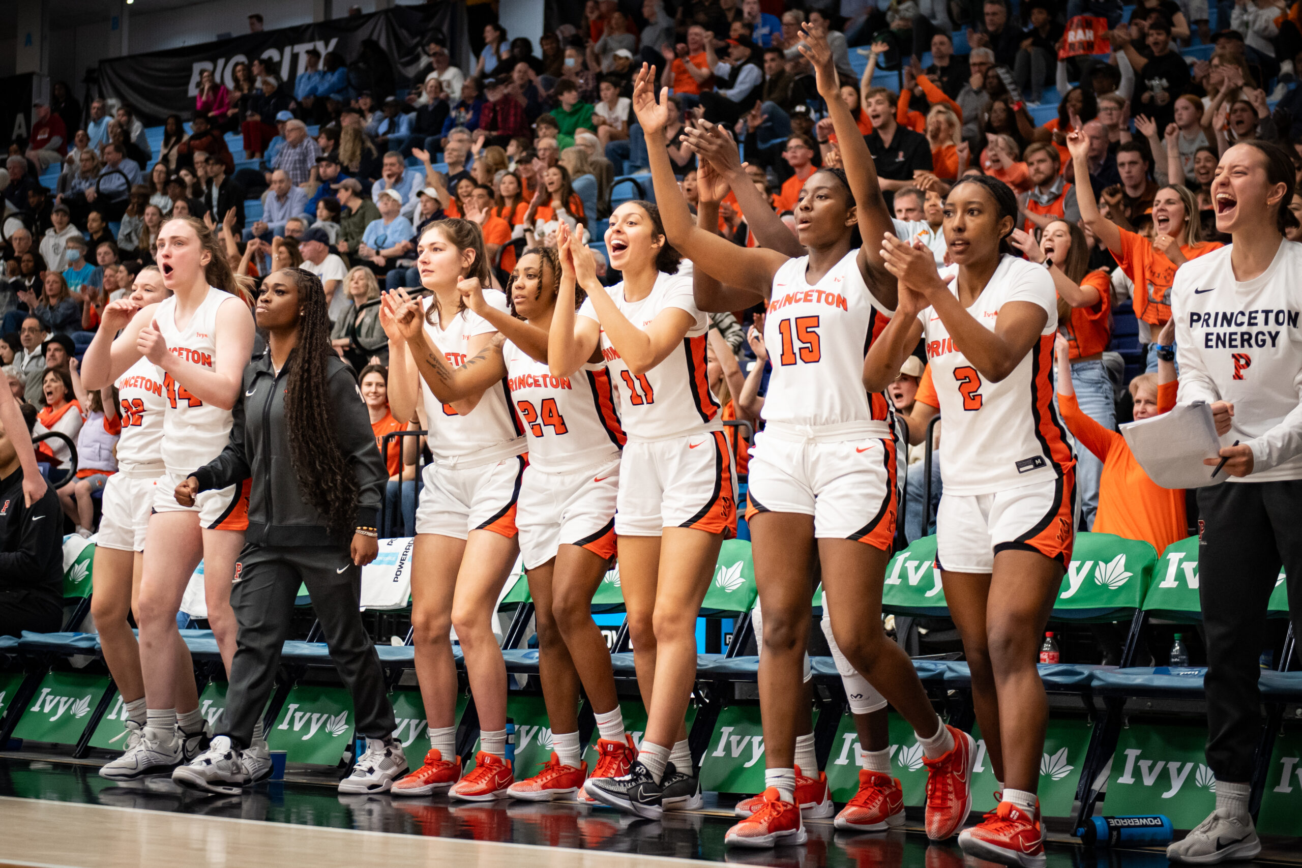 Several members of the Princeton bench clap, cheer and pump their fists as they watch the action on the court.