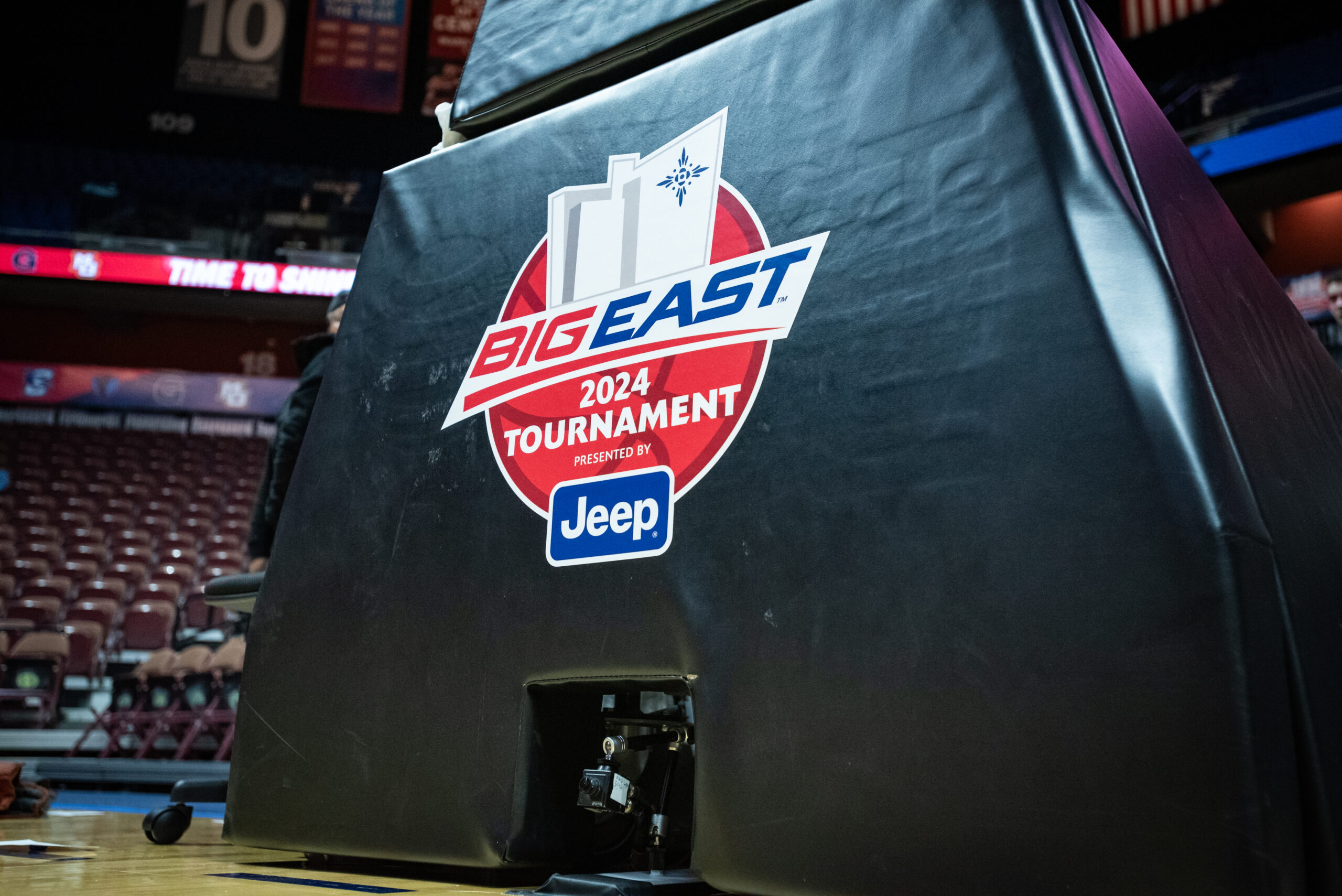 The 2024 BIG EAST Tournament logo pictured on a basketball stanchion