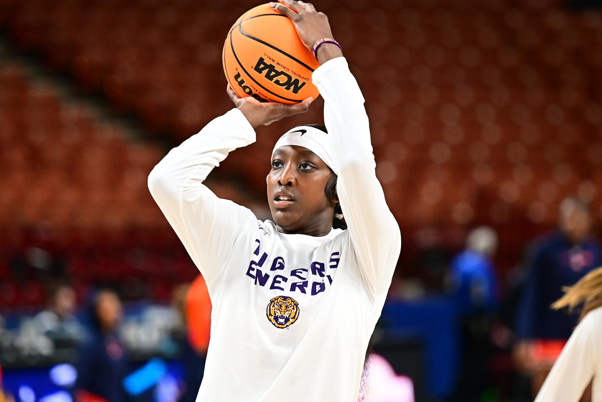 LSU's Flau'jae Johnson pictured getting up shots ahead of the Tigers first SEC Tournament game against Auburn on March 8, 2024.