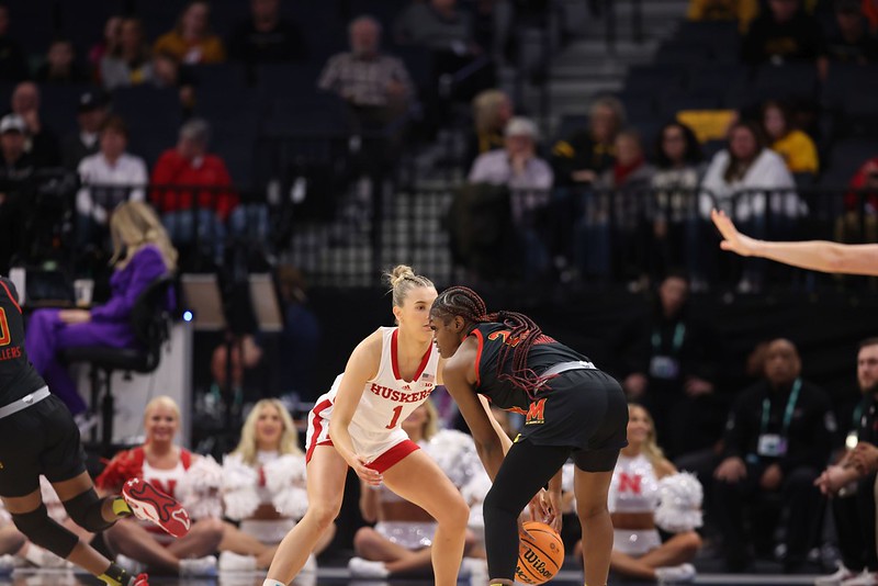 Jaz Shelley plays defense against Maryland. 
