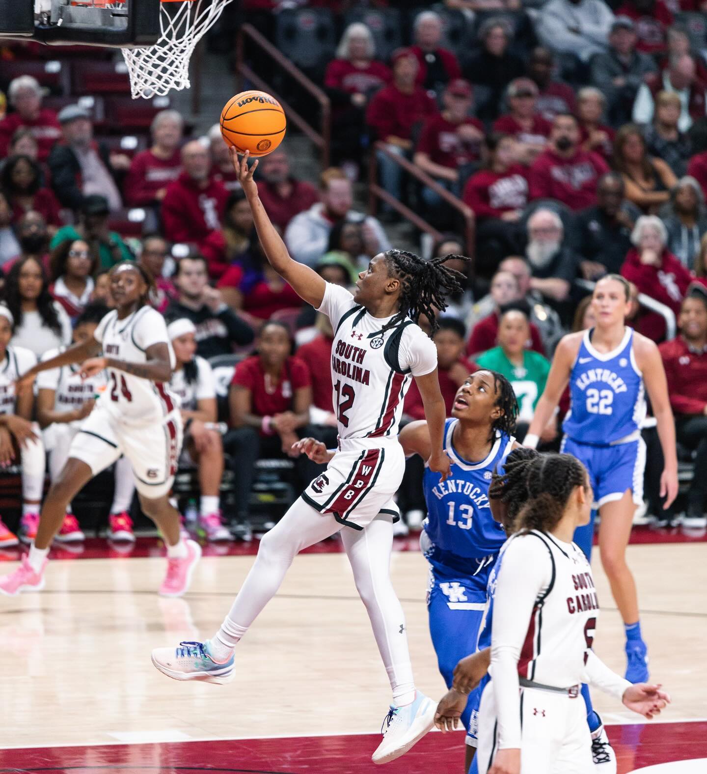 South Carolina guard MiLaysia Fulwiley gets a step on her defender and elevates for a right-handed layup.
