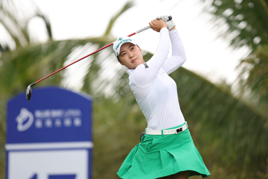 HAINAN ISLAND, CHINA - MARCH 07: Minjee Lee of Australia hits a tee shot on the 17th hole during the first round of the Blue Bay LPGA at Jian Lake Blue Bay Golf Course on March 07, 2024 in Hainan Island, Hainan. (Photo by Zhizhao Wu/Getty Images)
