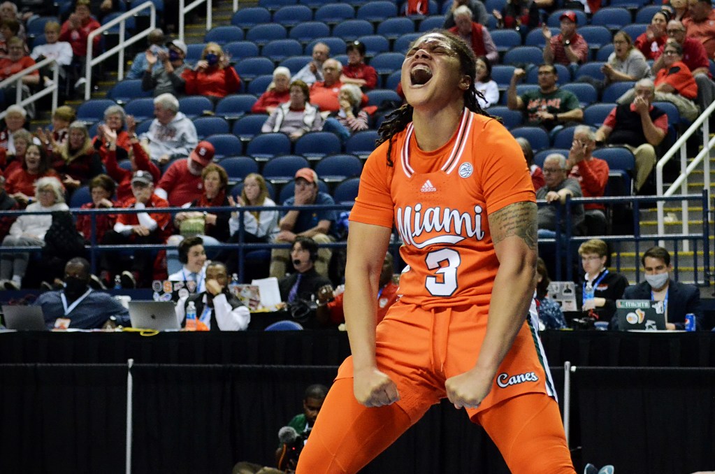 Miami’s Destiny Harden flexes and smiles on the court in 2022