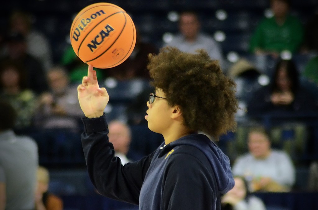 Notre Dame guard Olivia Miles spins a ball on her finger inside Purcell Pavilion ahead of the Irish's Jan. 7, 2024 game against UNC. (Mitchell Northam / The Next)