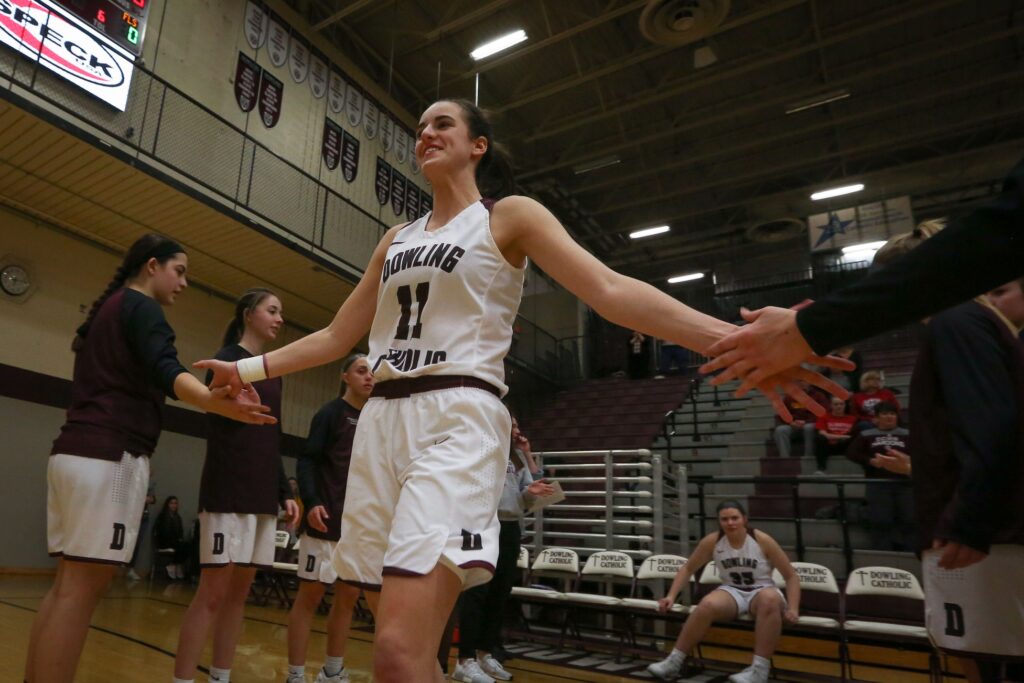 Caitlin Clark gets introduced during her high school days.