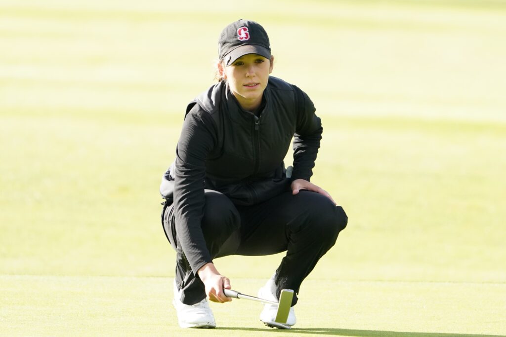 June 11, 2021; Daly City, California, USA; Rachel Heck lines up her putt on the 10th hole during the second round of the LPGA MEDIHEAL Championship golf tournament at Lake Merced Golf Club. Mandatory Credit: Kyle Terada-USA TODAY Sports