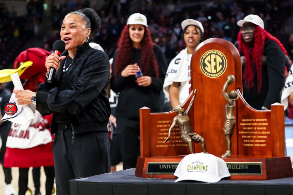Feb 22, 2024; Columbia, South Carolina, USA; South Carolina Gamecocks head coach Dawn Staley speaks to the crowd after clinching a share of the SEC regular season title after defeating the Alabama Crimson Tide at Colonial Life Arena. Mandatory Credit: Jeff Blake-USA TODAY Sports