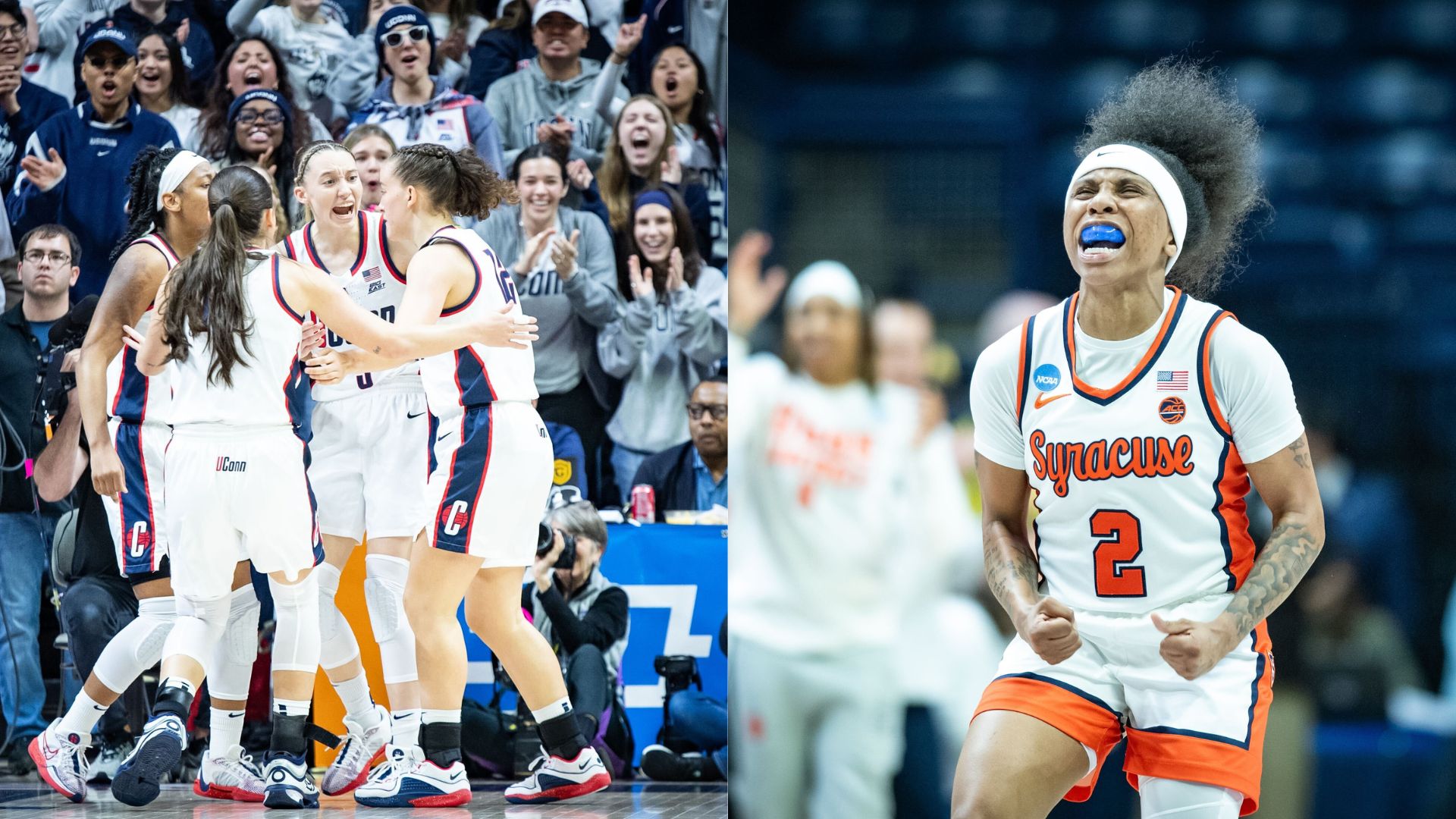 On the left, UConn huddles up during its First Round game against Jackson State. On the right, Syracuse's Dyaisha Fair jumps in the air, clenching her fists and screams in celebration.