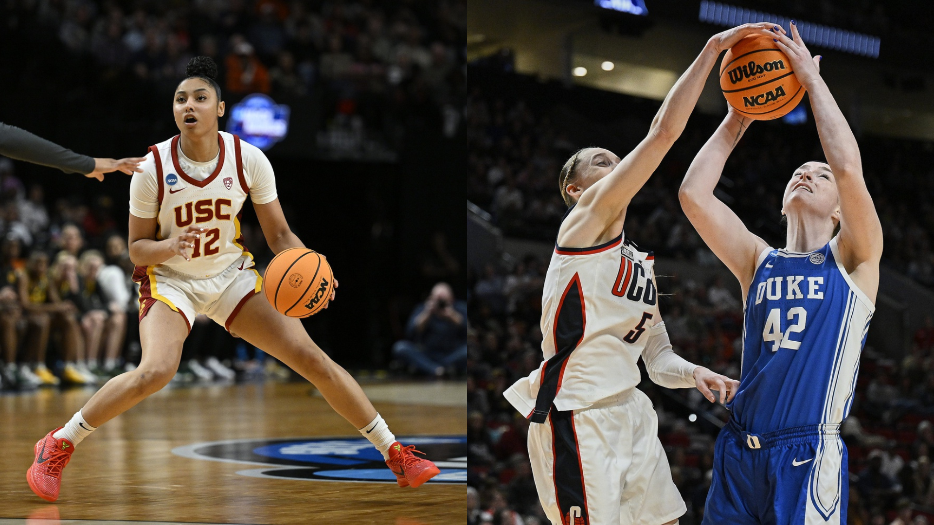 Graphic with photo of USC guard JuJu Watkins (12) dribbling the ball at left and UConn guard Paige Bueckers (5) blocking a Duke player's shot at right.