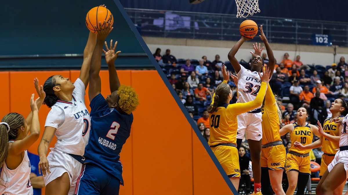Side-by-side photos of UTSA forward Elyssa Coleman blocking a shot and fellow forward Jordyn Jenkins taking a shot as multiple defenders try to contest.