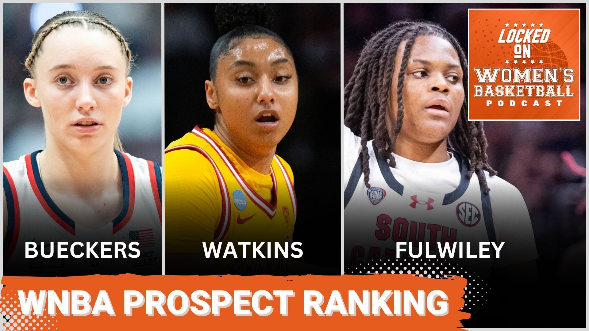 Three close-up photos of WNBA prospects Paige Bueckers, JuJu Watkins and MiLaysia Fulwiley are displayed side-by-side. The text "WNBA prospect ranking" is overlaid at the bottom in all caps, and the orange Locked On Women's Basketball logo is in the top right corner.