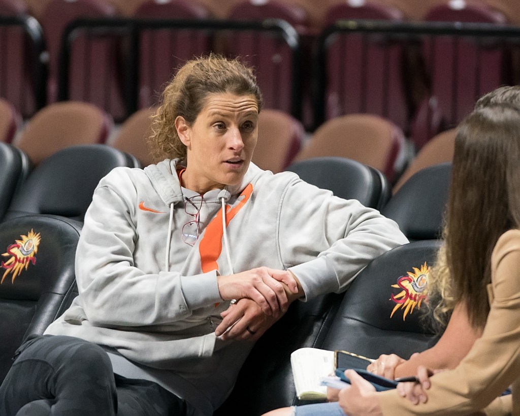 Connecticut Sun head coach Stephanie White answers a question from the press during training camp.