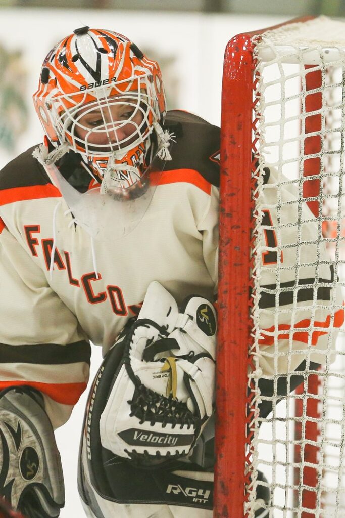 Kendall Linnenkugel minds the net in a Falcons uniform