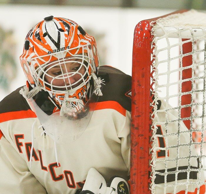 Kendall Linnenkugel minds the net in a Falcons uniform