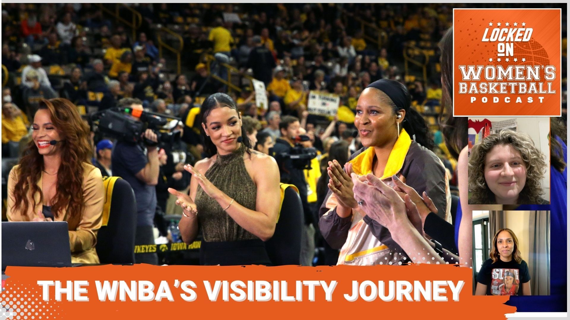 Elle Duncan, Andraya Carter and Maya Moore are pictured at a broadcast table