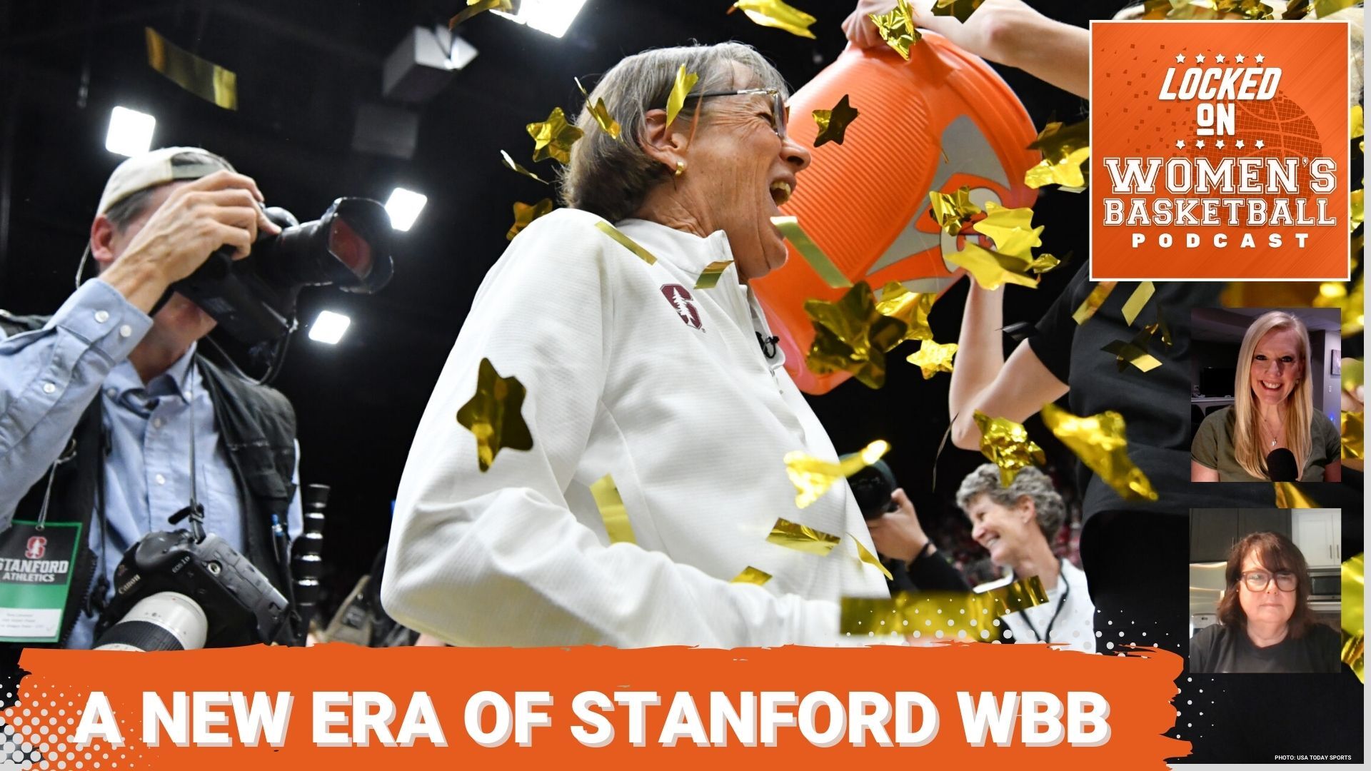 Stanford women's basketball head coach Tara VanDerveer is showered with confetti over the Locked on WBB logo and the podcast episode title "A new era of Stanford WBB"
