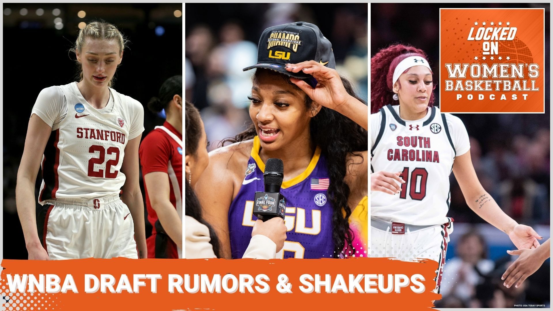 Thumbnail photos of Cameron Brink, Angel Reese and Kamilla Cardoso are overlayed over Locked on Women's Basketball logo and title of Locked on Women's Basketball draft lottery episode