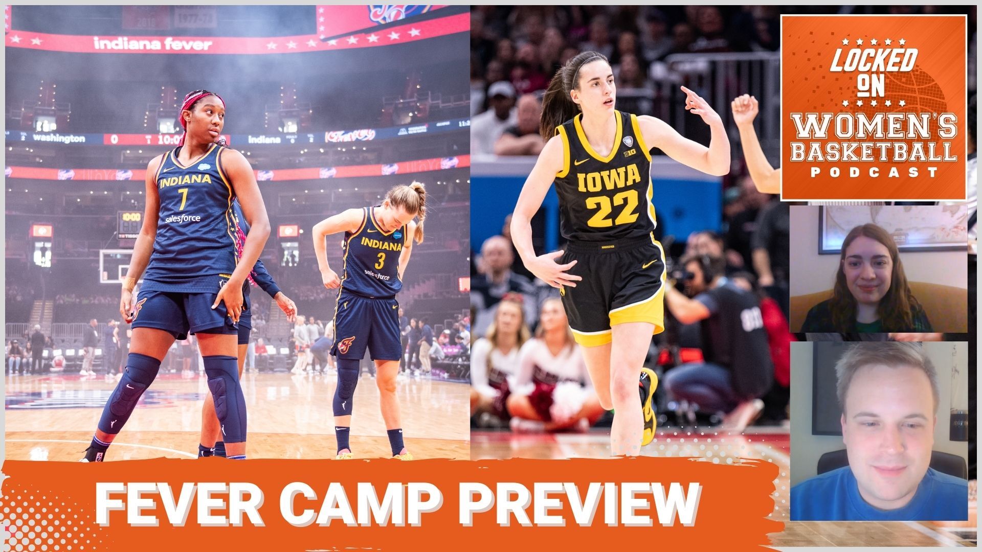 Fever stars Aliyah Boston (L) and Caitlin Clark (R) are featured in a thumbnail photo over the Locked On WBB logo and the title "Fever camp preview"