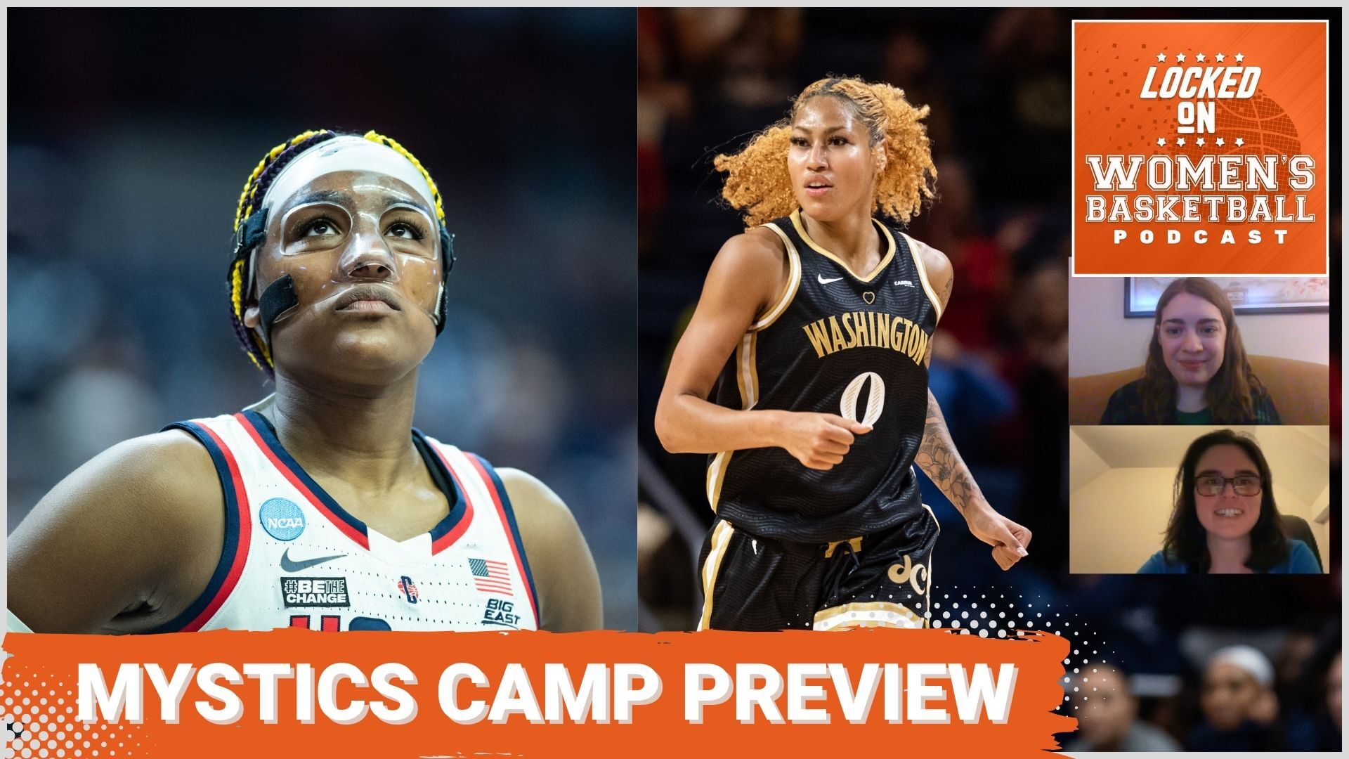 Graphic with photos of Aaliyah Edwards and Shakira Austin with a text overlay that reads "Mystics camp preview."