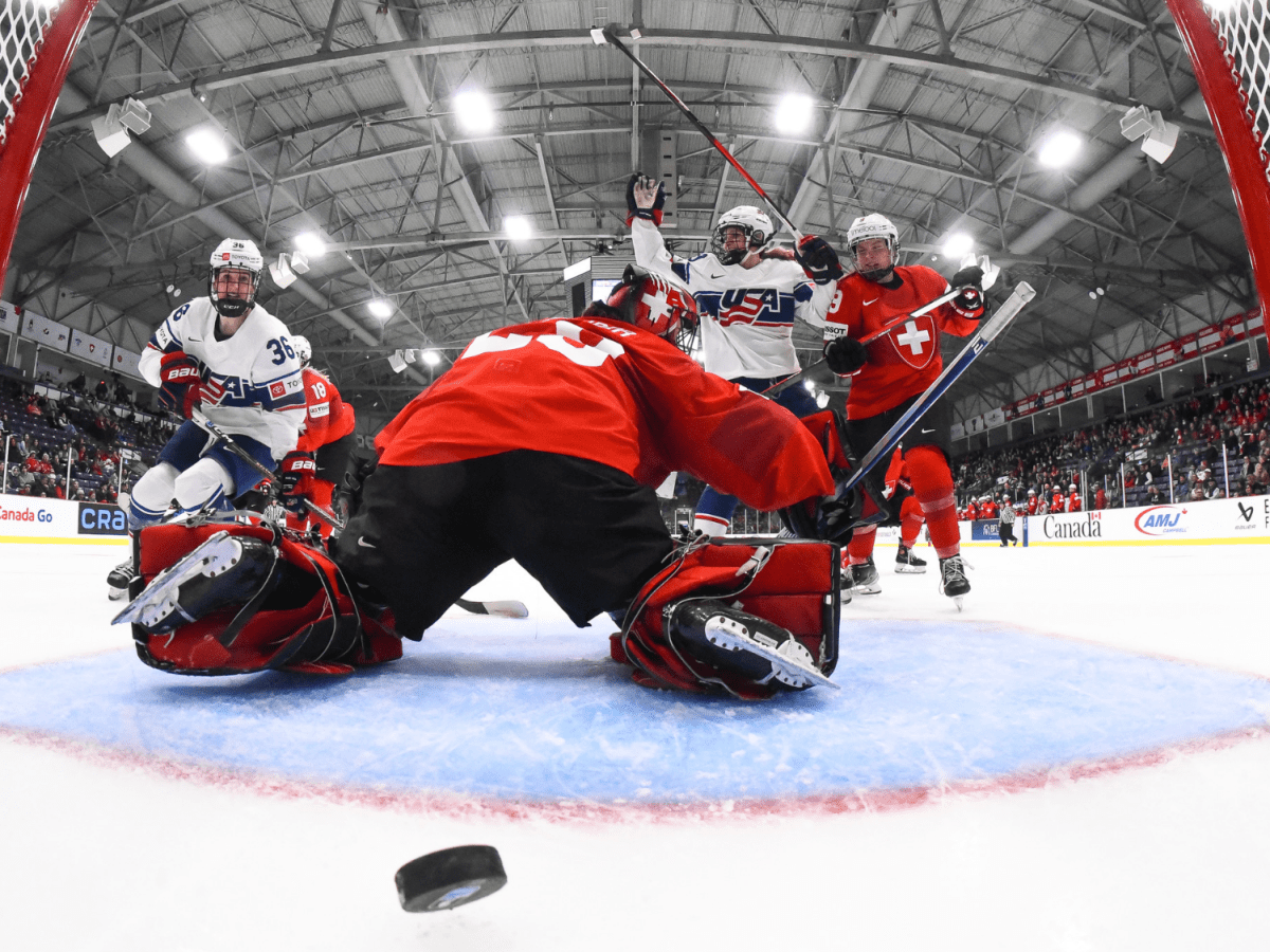 A view from inside the goal, just as the US scores against Swizerland. USA players are celebrating in the background.