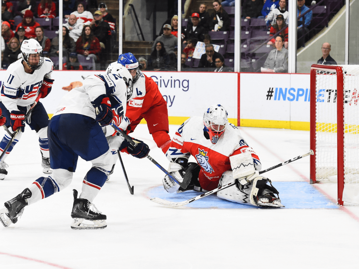 Janecke (in white) scores from above the left corner of the crease. The Czech goalie (in red) is in the butterfly.