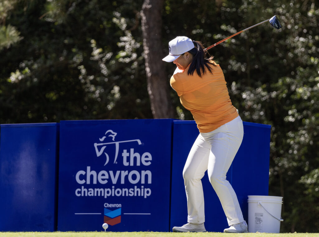 Apr 22, 2023; The Woodlands, Texas, USA; Angel Yin  (USA) hits off the 16th during the third round of The Chevron Championship golf tournament. Mandatory Credit: Thomas Shea-USA TODAY Sports
