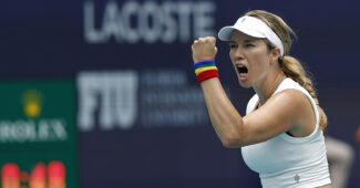 Danielle Collins celebrates after a point at the Miami Open.
