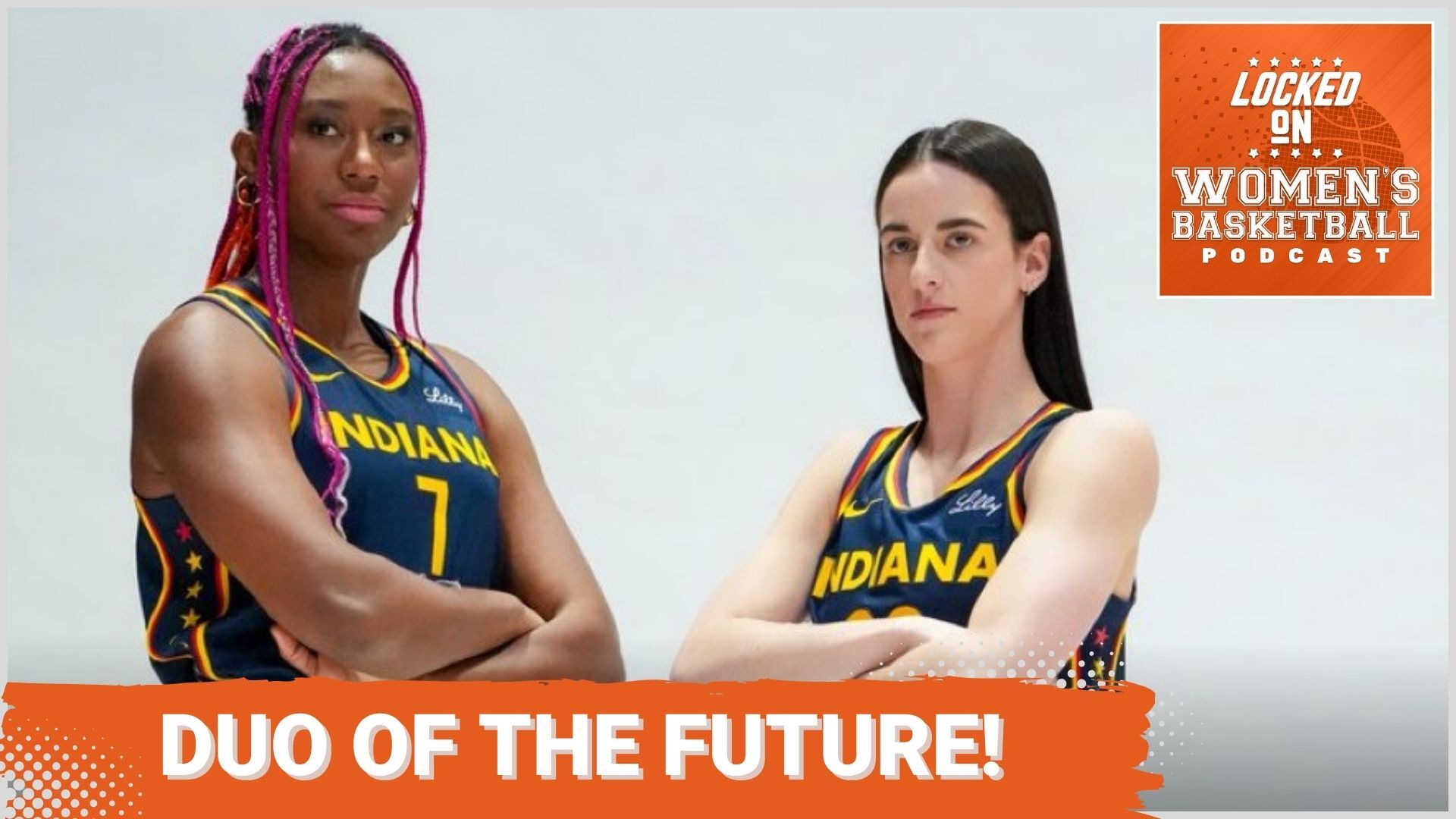 Indiana Fever forward/center Aliyah Boston and guard Caitlin Clark pose for a photo with their arms crossed in front of them. The text "Duo of the future!" is overlaid at the bottom in all caps, and the orange Locked On Women's Basketball logo is in the top right corner.