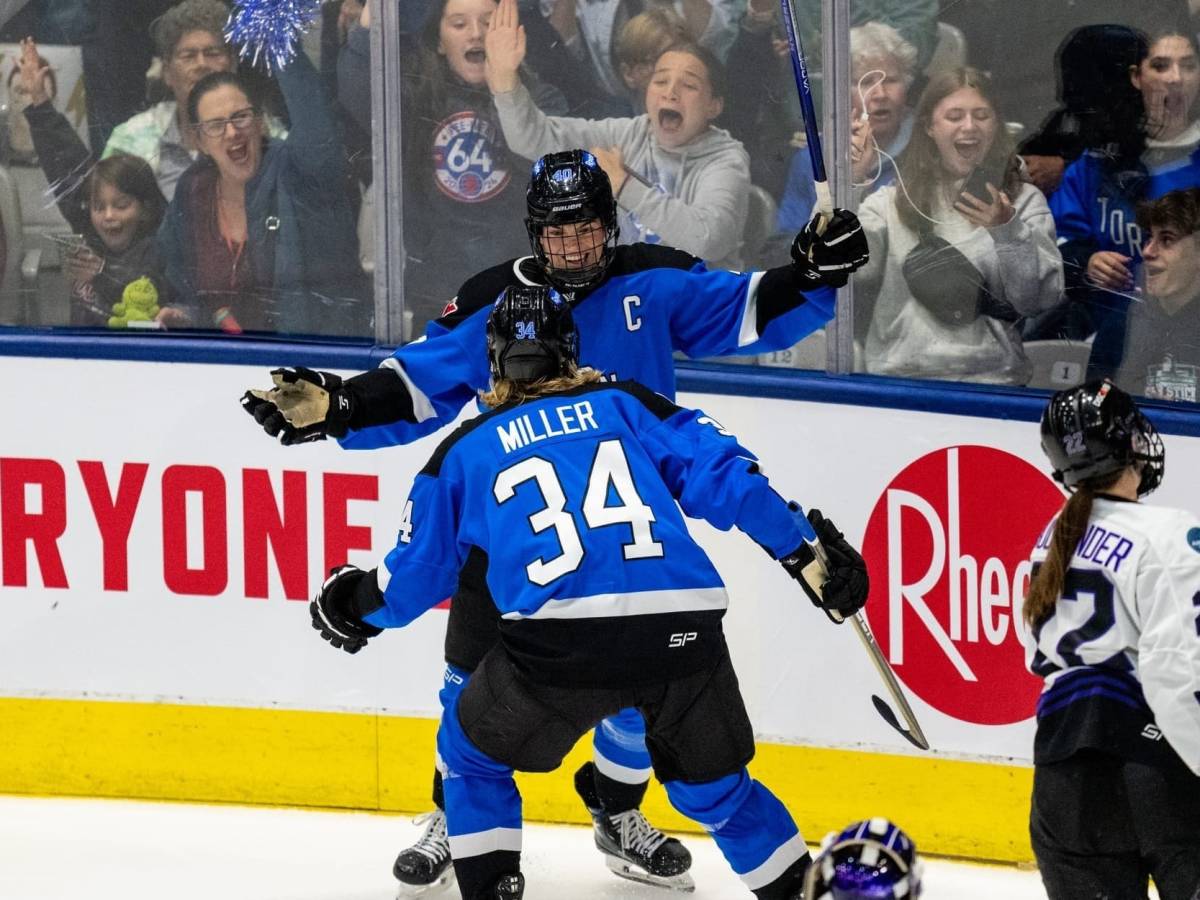 Blayre Turnbull celebrates a goal in Game 1 with Hannah Miller (Photo Cred: PWHL)