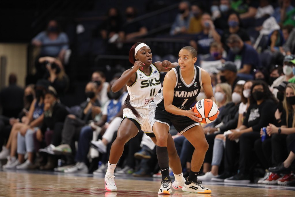 Chicago guard Dana Evans pressures Minnesota Lynx guard Layshia Clarendon. Clarendon holds the ball on the opposite side of their body from Evans and looks for options.