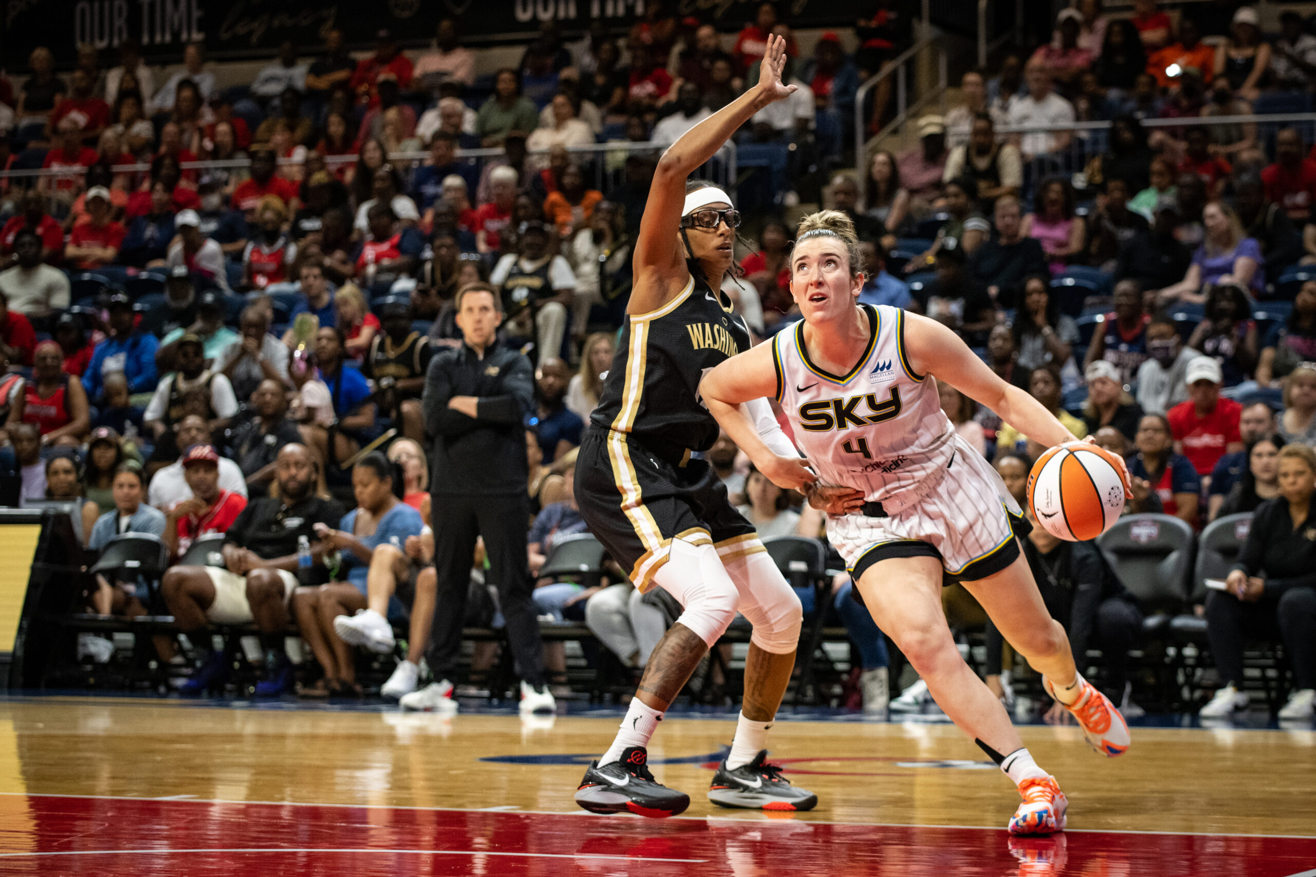 Chicago Sky guard Marina Mabrey gets low on a drive to the hoop.