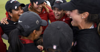 Stanford women's golf team and coaches celebrating after winning the 2024 NCAA Division I national championship.