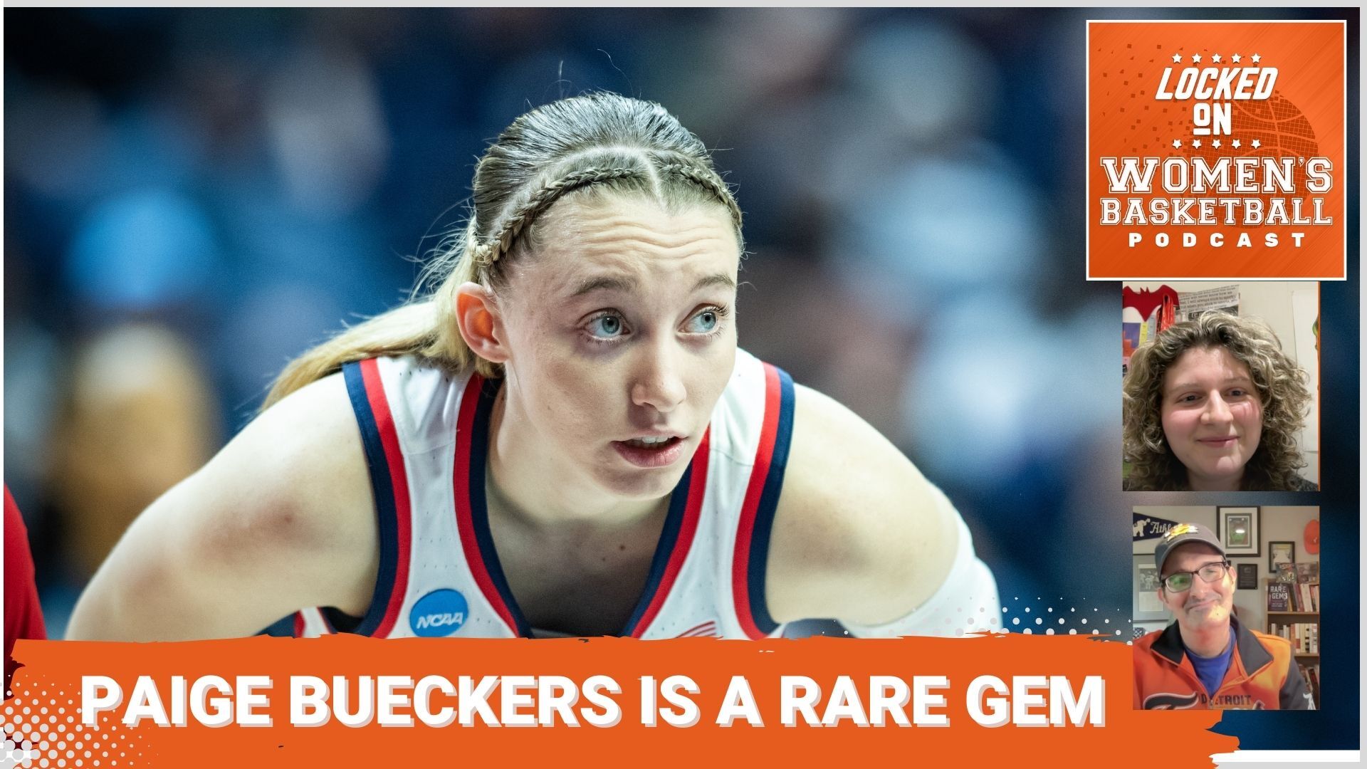A close-up photo of UConn's Paige Bueckers showing her straight on, slightly bent over and looking in front of her. The text "Paige Bueckers is a Rare Gem" is overlaid at the bottom in all caps, and the orange Locked On Women's Basketball logo is in the top right corner.