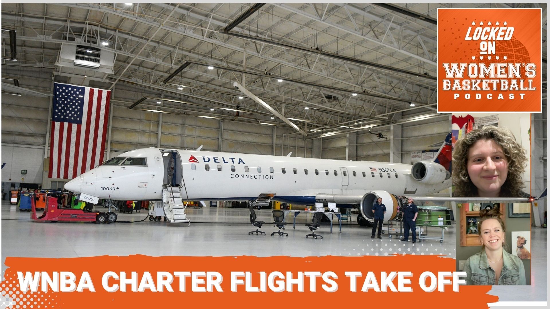 Graphic with a photo of a plane with text that reads "WNBA charter flights take off." There is also a Locked On Women's Basketball logo and photos of Jackie Powell and Cassandra Negley.