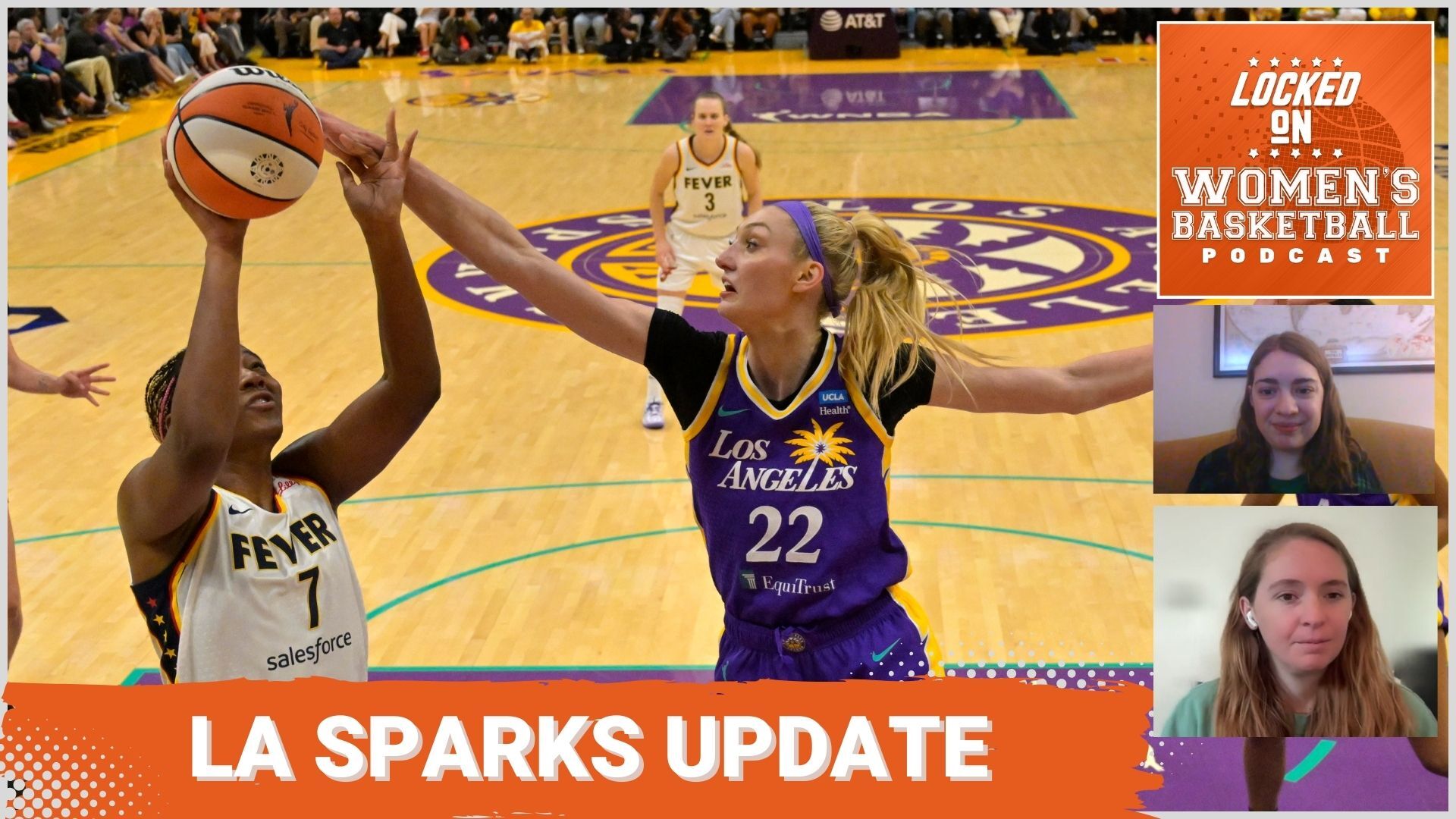 Graphic with photo of Los Angeles Sparks center Cameron Brink (22) blocking a shot by Fever forward Aliyah Boston (7) during a Sparks home game. Lower white text on orange background reads "LA Sparks Update". Locked On Women's Basketball logo at top right. Headshots of host Natalie Heavren and guest Cameron Ruby at lower right.