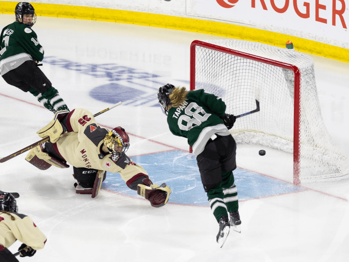 Tapani (right in green) pots the winner from outside the crease as Desbiens (left in cream) dives back to try to save it.
