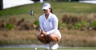 Rose Zhang lines up a putt on the 9th green at the Grant Thornton Invitational at Tiburon Golf Club in Naples, FL.