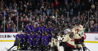 PWHL players from opposing teams pose for a photo during the league's inaugural season
