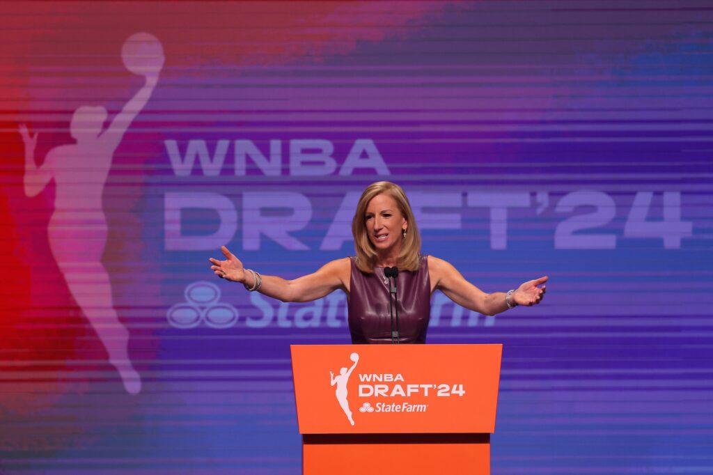 Cathy Engelbert expresses herself at the 2024 WNBA Draft.