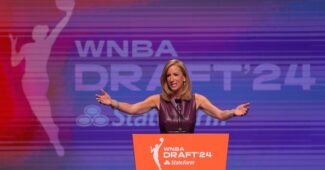 Cathy Engelbert expresses herself at the 2024 WNBA Draft.