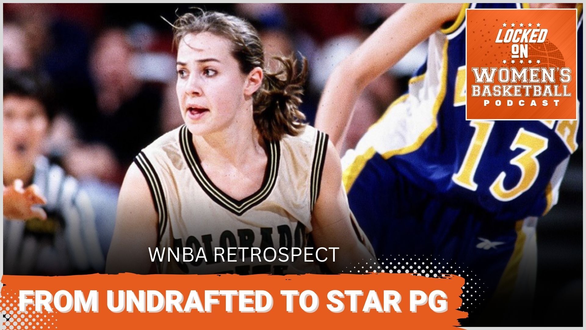 A close-up photo of Colorado State guard Becky Hammon during a game. The phrases "WNBA Retrospect" and "From undrafted to star PG" are overlaid at the bottom in all caps, and the orange Locked On Women's Basketball logo is in the top right corner.