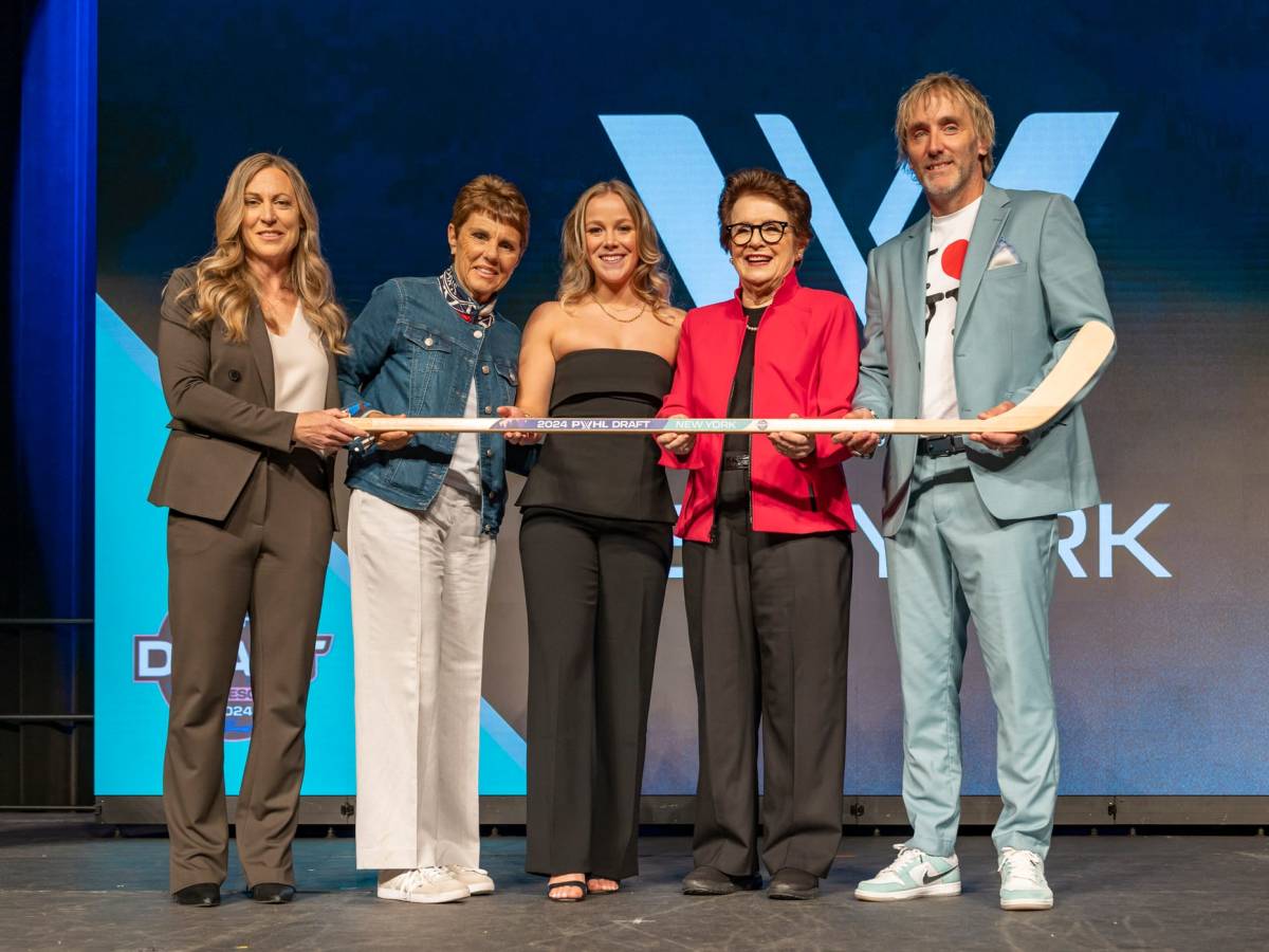 Sarah Fillier poses on the PWHL draft stage