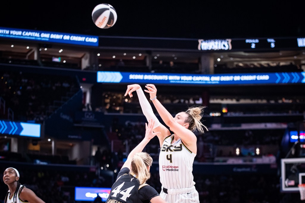 Chicago Sky guard Marina Mabrey shoots a jump shot against Washington Mystics guard Karlie Samuelson