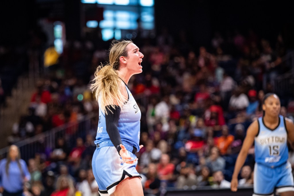 Chicago guard Marina Mabrey holds her hands out and shouts in frustration.