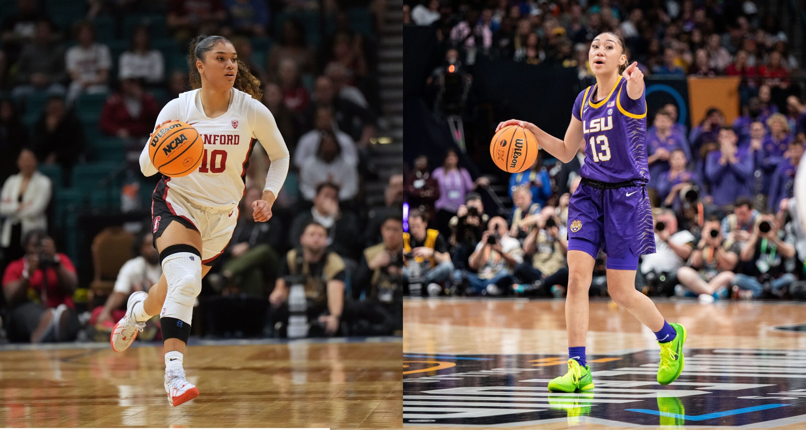 Photos of Stanford guard Talana Lepolo and LSU guard Last-Tear Poa are displayed side-by-side. Both are dribbling the ball with their right hand, and Poa points ahead of her with her left hand.
