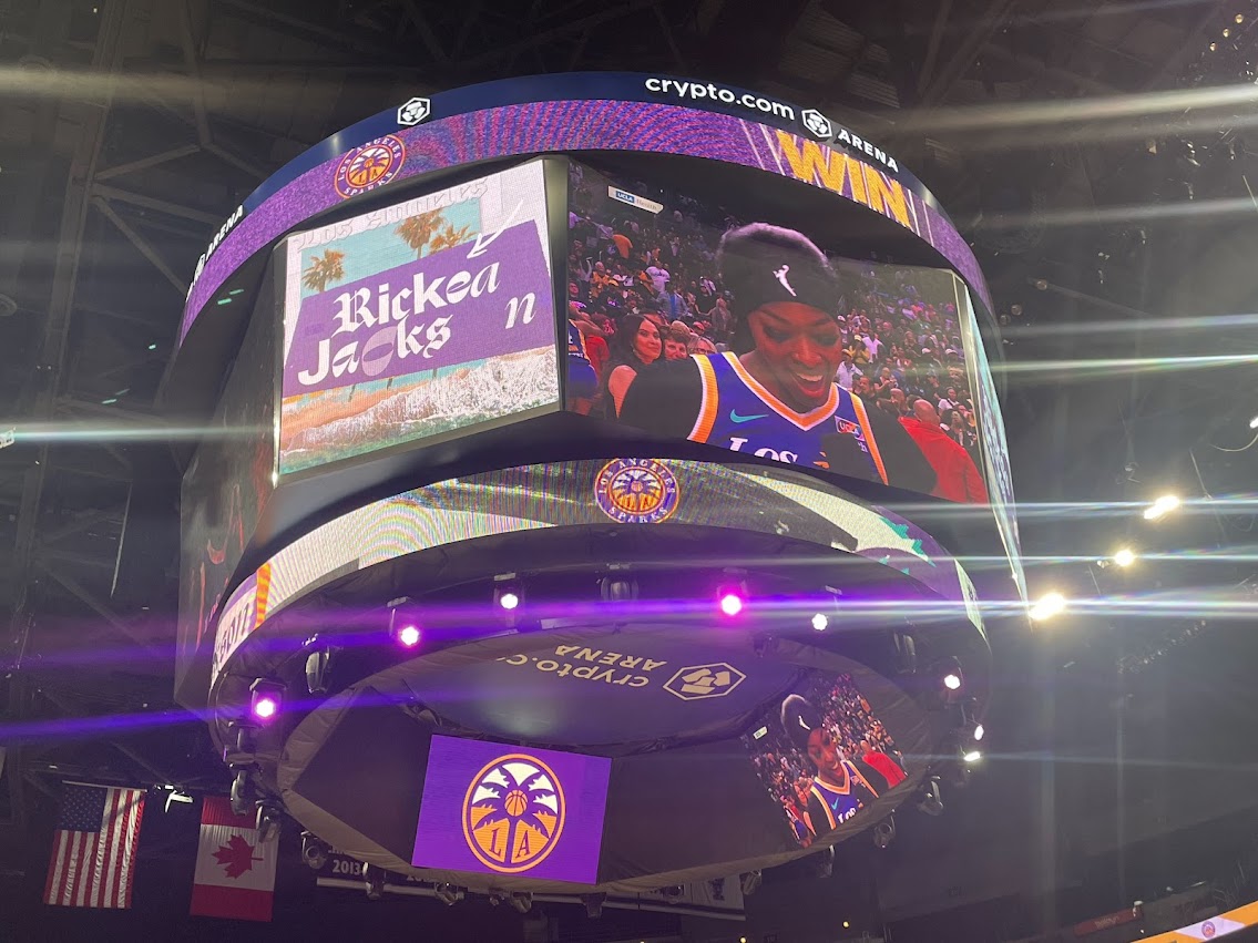 Rickea Jackson speaks to the crowd via video board following the Los Angeles Sparks' win over the Las Vegas Aces.