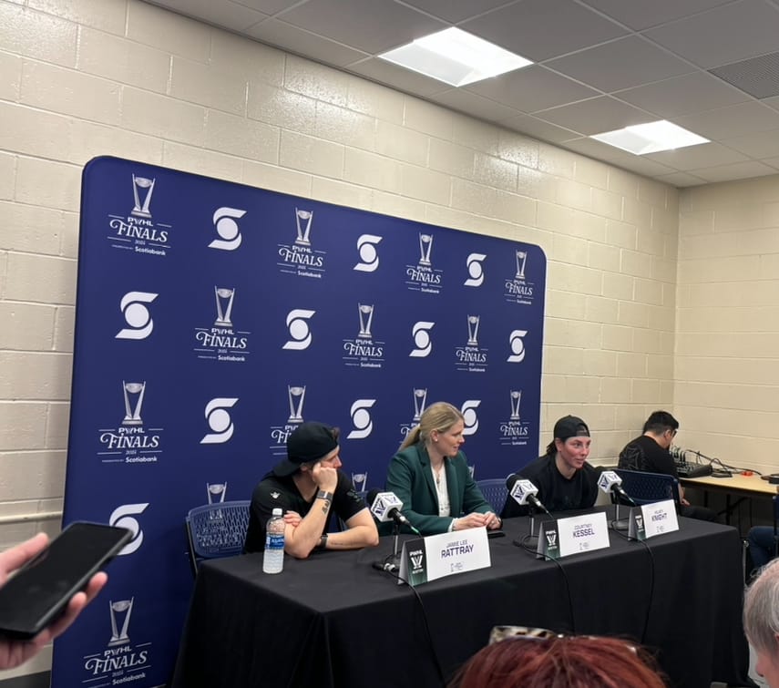 Rattray, Kessel, and Knight sit at a table in front of a purple backdrop dotted with the PWHL Finals and Scotiabank logos. There are microphones and name plates in front of them.