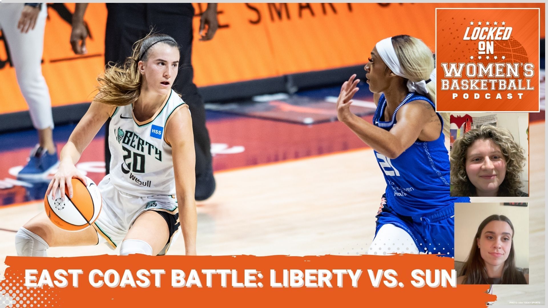 A preview thumbnail for the Locked On Women's Basketball podcast about the 2024 Commisioner's Cup, featuring a bottom banner that reads "EAST COAST BATTLE: LIBERTY VS. SUN". Above that, the Liberty's Sabrina Ionescu dribbles the ball backwards through her legs as she is defended by DiJonai Carrington